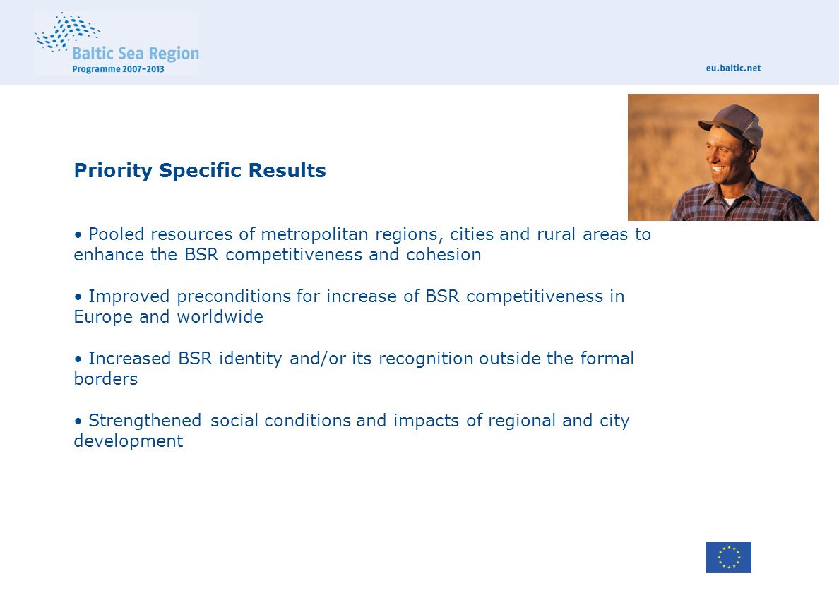 Priority Specific Results Pooled resources of metropolitan regions, cities and rural areas to enhance the BSR competitiveness and cohesion Improved preconditions for increase of BSR competitiveness in Europe and worldwide Increased BSR identity and/or its recognition outside the formal borders Strengthened social conditions and impacts of regional and city development