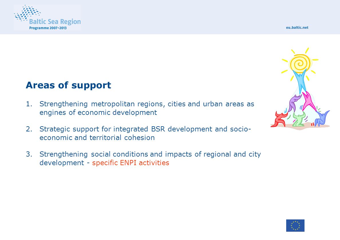 Areas of support 1.Strengthening metropolitan regions, cities and urban areas as engines of economic development 2.Strategic support for integrated BSR development and socio- economic and territorial cohesion 3.Strengthening social conditions and impacts of regional and city development - specific ENPI activities