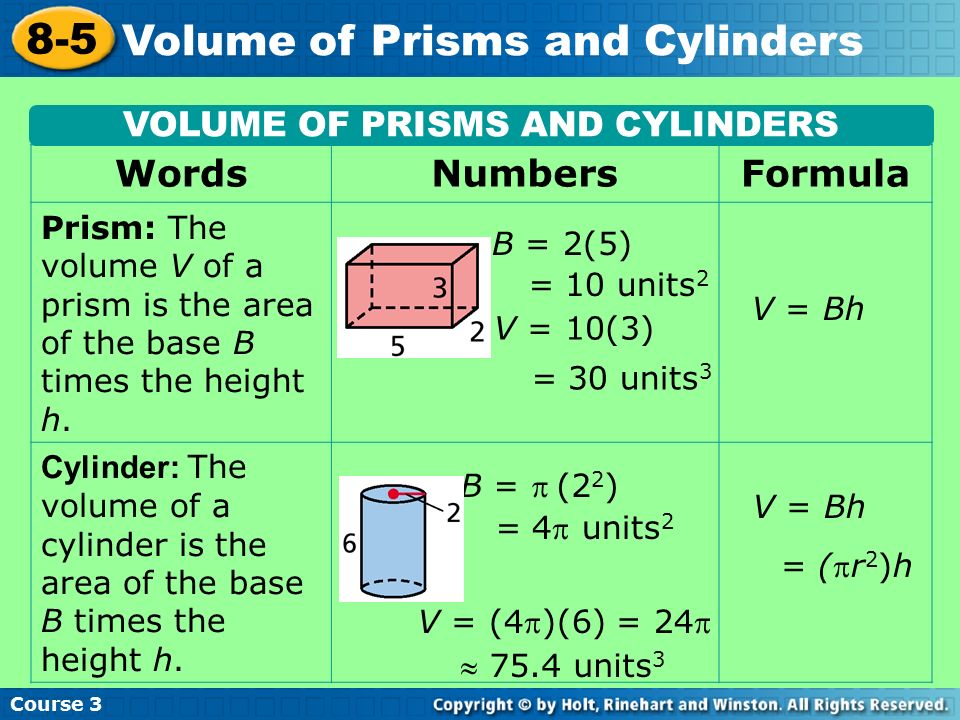Course Volume of Prisms and Cylinders VOLUME OF PRISMS AND CYLINDERS WordsNumbersFormula Prism: The volume V of a prism is the area of the base B times the height h.