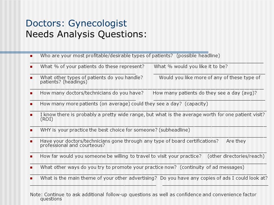 Doctors: Gynecologist Needs Analysis Questions: Who are your most profitable/desirable types of patients.
