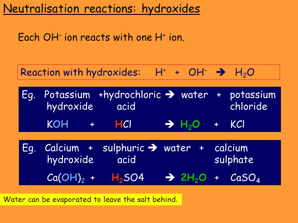 Neutralisation reactions: hydroxides Each OH - ion reacts with one H + ion.