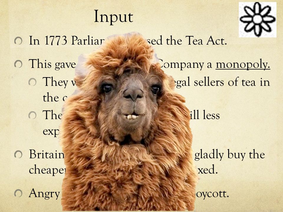 Input In 1773 Parliament passed the Tea Act. This gave the East India Company a monopoly.