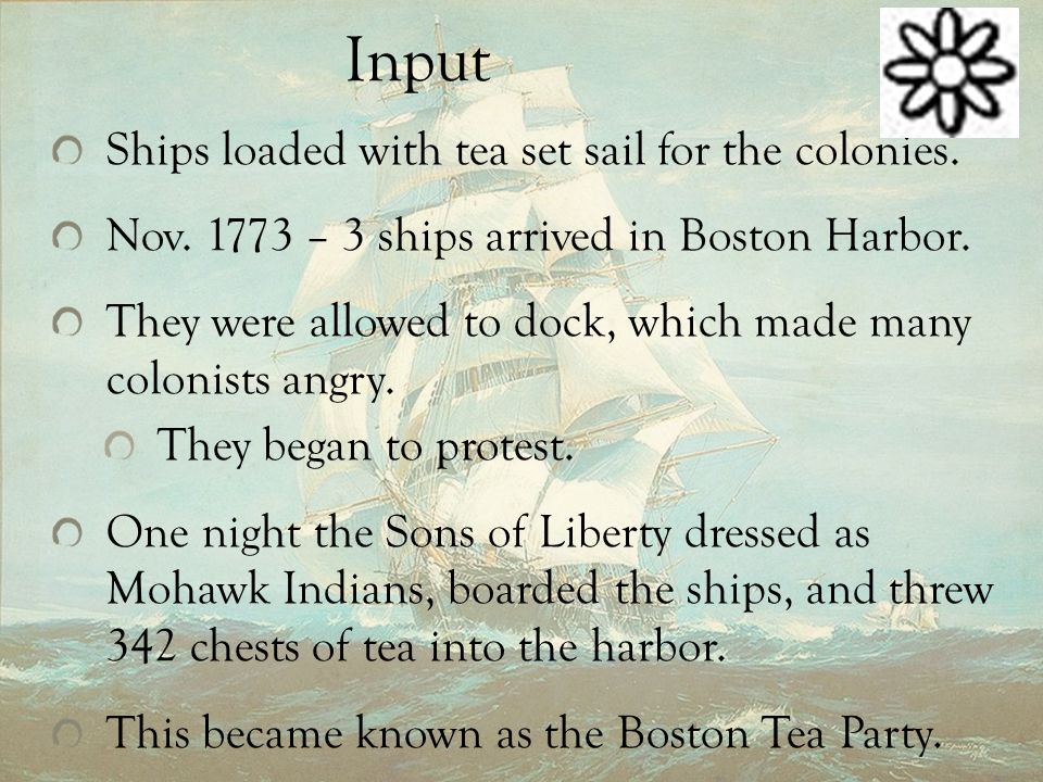 Input Ships loaded with tea set sail for the colonies.