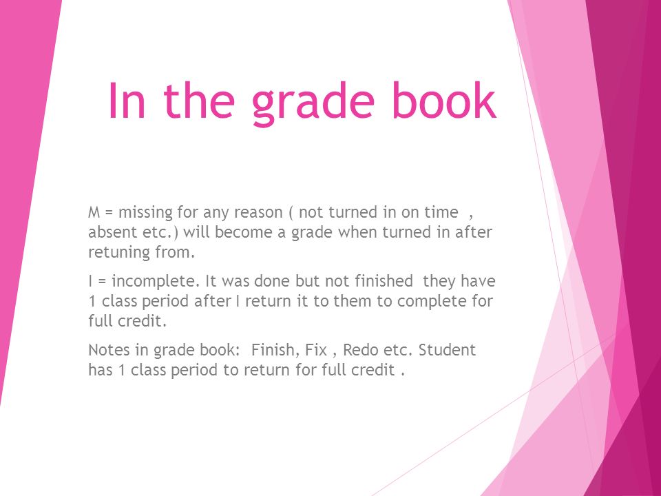 In the grade book M = missing for any reason ( not turned in on time, absent etc.) will become a grade when turned in after retuning from.