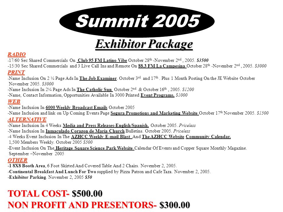 Exhibitor Package RADIO - 17/60 Sec Shared Commercials On Club 95 FM Latino Vibe October 28 th -November 2 nd, 2005.