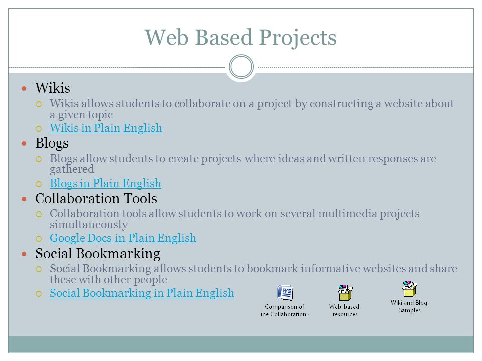 Web Based Projects Wikis  Wikis allows students to collaborate on a project by constructing a website about a given topic  Wikis in Plain English Wikis in Plain English Blogs  Blogs allow students to create projects where ideas and written responses are gathered  Blogs in Plain English Blogs in Plain English Collaboration Tools  Collaboration tools allow students to work on several multimedia projects simultaneously  Google Docs in Plain English Google Docs in Plain English Social Bookmarking  Social Bookmarking allows students to bookmark informative websites and share these with other people  Social Bookmarking in Plain English Social Bookmarking in Plain English
