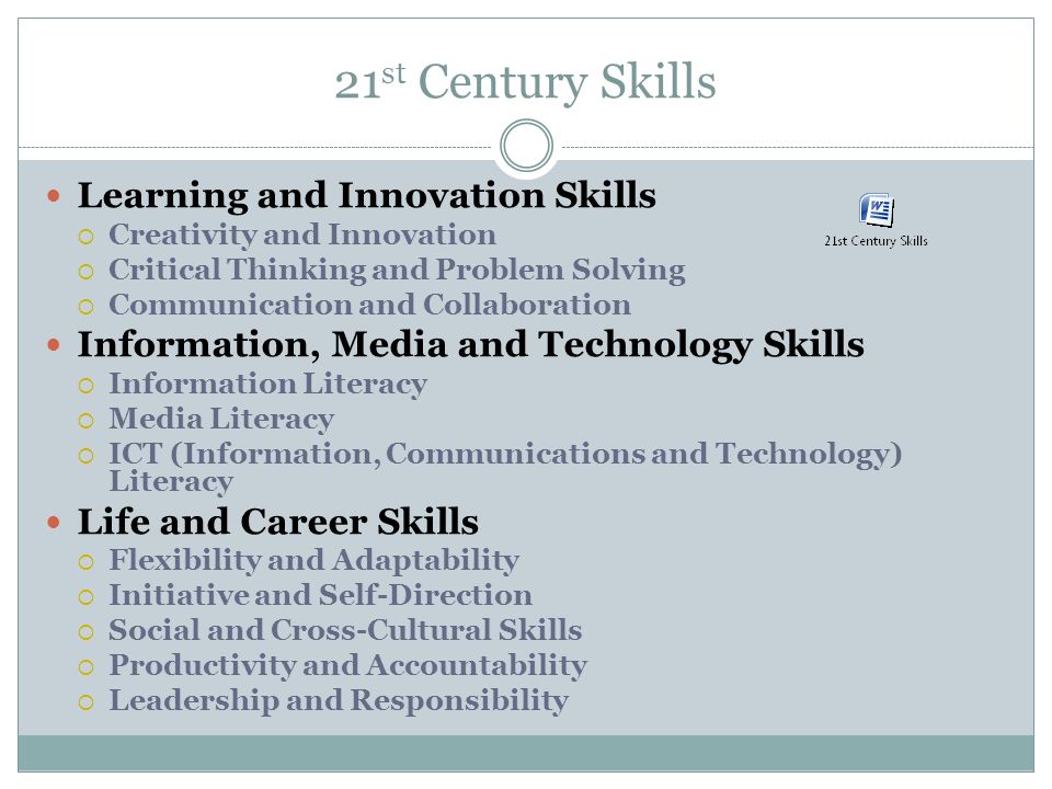 21 st Century Skills Learning and Innovation Skills  Creativity and Innovation  Critical Thinking and Problem Solving  Communication and Collaboration Information, Media and Technology Skills  Information Literacy  Media Literacy  ICT (Information, Communications and Technology) Literacy Life and Career Skills  Flexibility and Adaptability  Initiative and Self-Direction  Social and Cross-Cultural Skills  Productivity and Accountability  Leadership and Responsibility