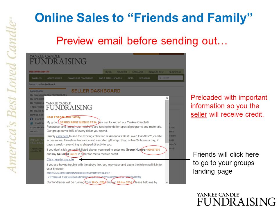 Online Sales to Friends and Family Preview  before sending out… Preloaded with important information so you the seller will receive credit.