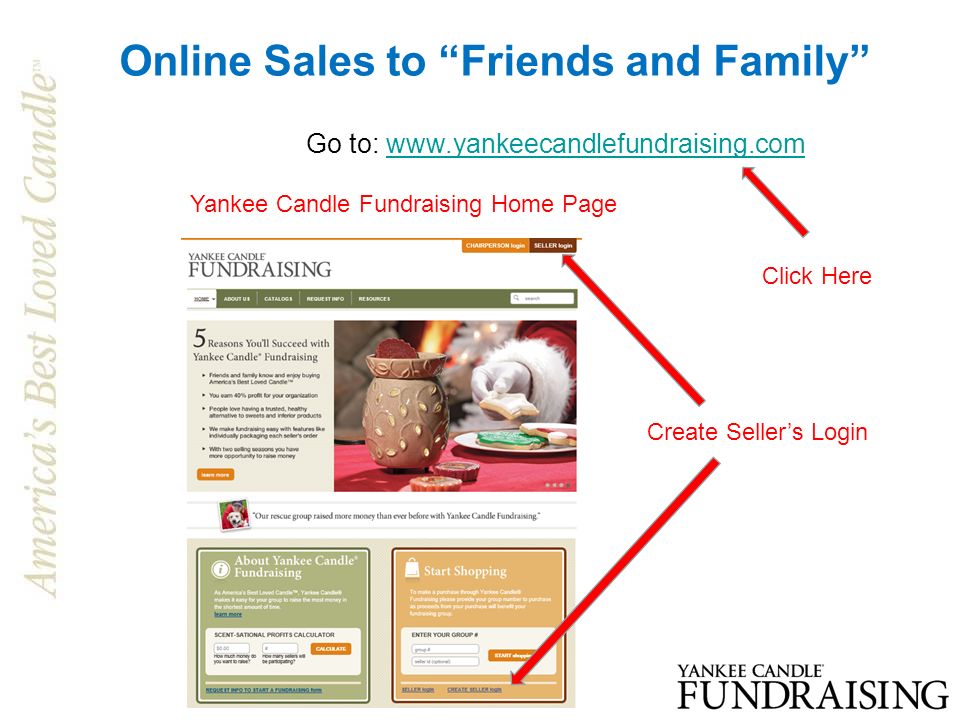 Online Sales to Friends and Family Go to:   Click Here Create Seller’s Login Yankee Candle Fundraising Home Page