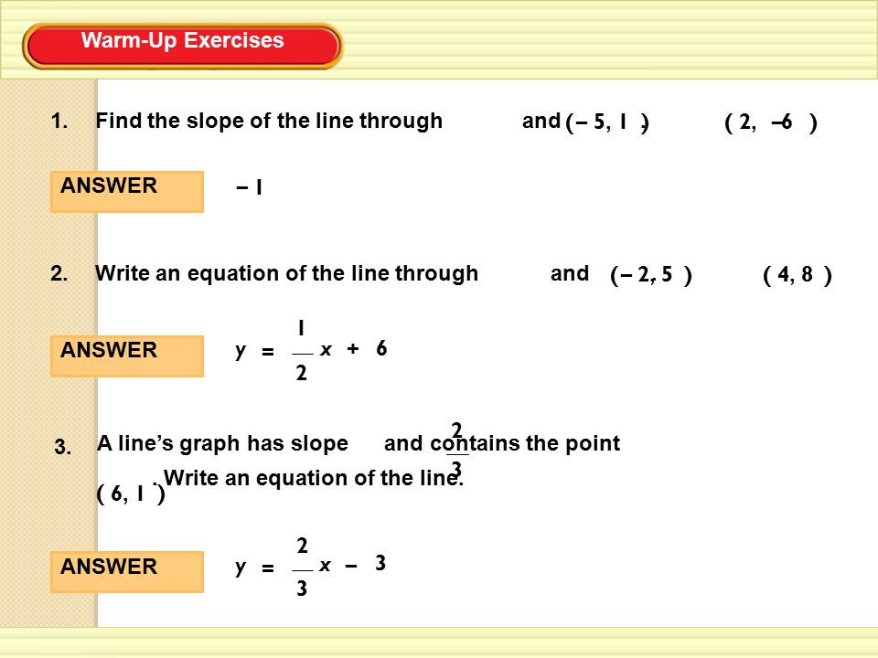 Warm-Up Exercises Find the slope of the line through and.