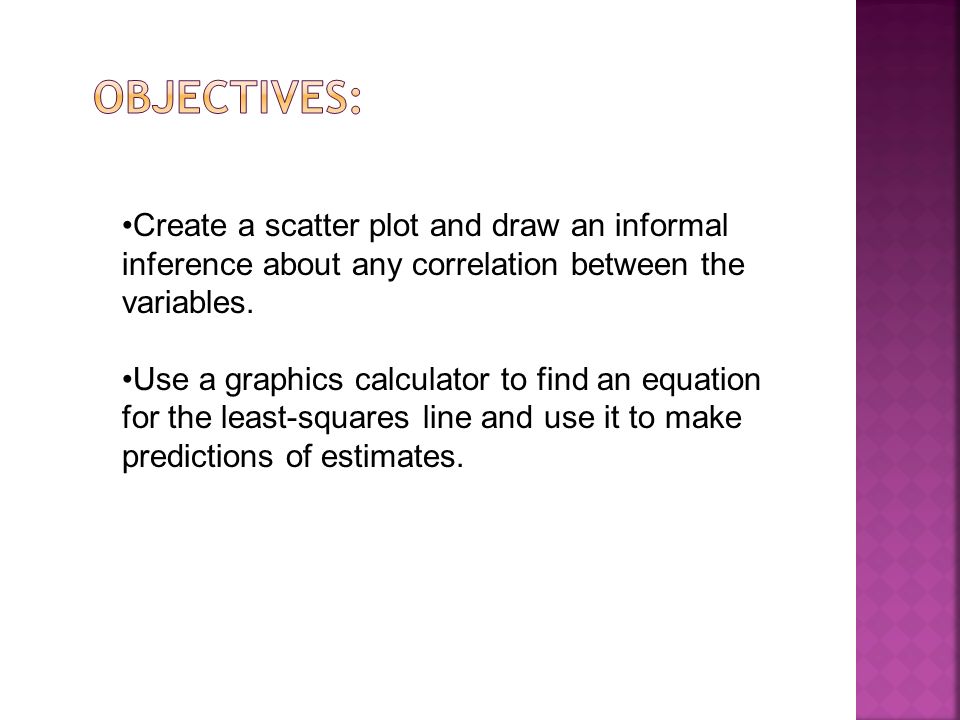 Create a scatter plot and draw an informal inference about any correlation between the variables.