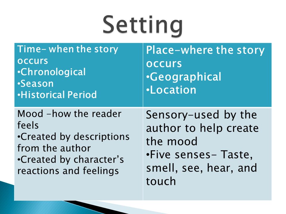 Time- when the story occurs Chronological Season Historical Period Place-where the story occurs Geographical Location Mood -how the reader feels Created by descriptions from the author Created by character’s reactions and feelings Sensory-used by the author to help create the mood Five senses- Taste, smell, see, hear, and touch