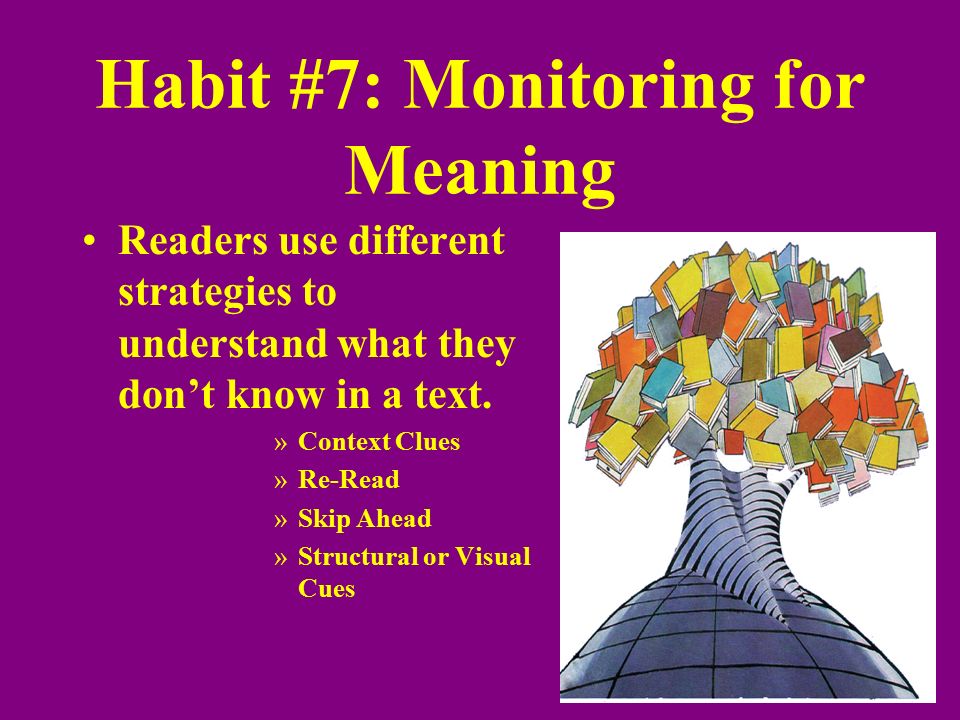 Habit #7: Monitoring for Meaning Readers use different strategies to understand what they don’t know in a text.