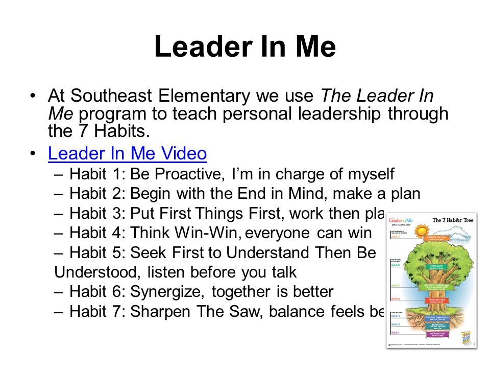 Leader In Me At Southeast Elementary we use The Leader In Me program to teach personal leadership through the 7 Habits.