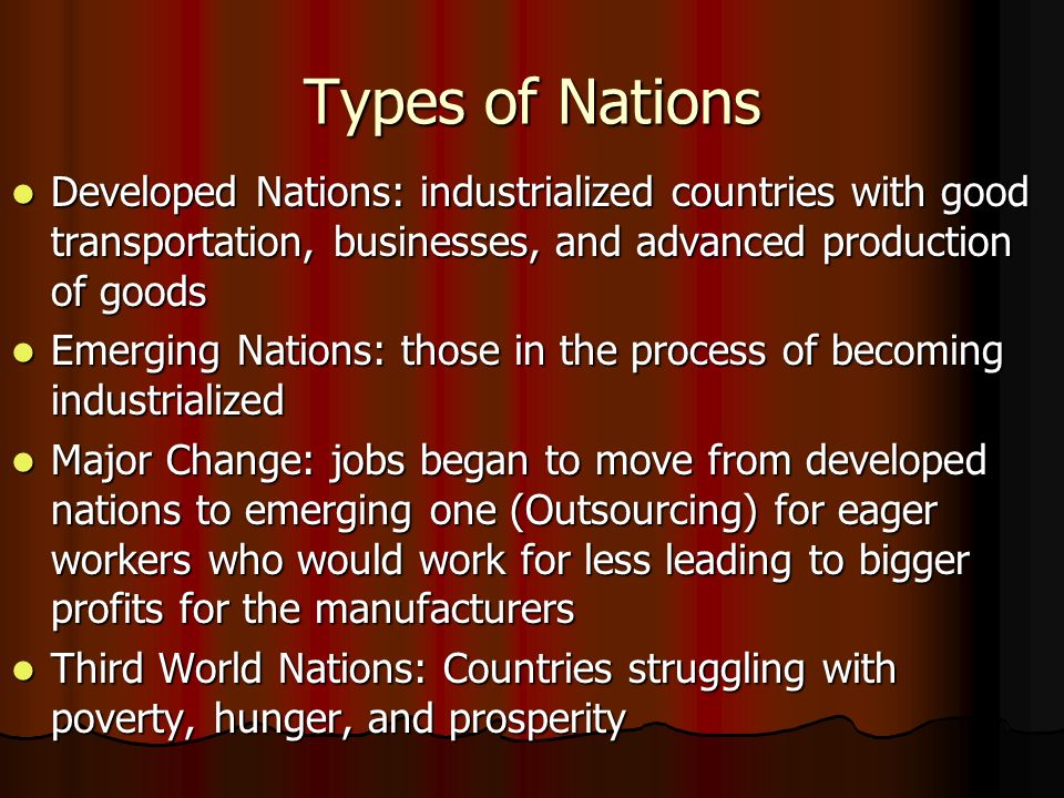 Types of Nations Developed Nations: industrialized countries with good transportation, businesses, and advanced production of goods Developed Nations: industrialized countries with good transportation, businesses, and advanced production of goods Emerging Nations: those in the process of becoming industrialized Emerging Nations: those in the process of becoming industrialized Major Change: jobs began to move from developed nations to emerging one (Outsourcing) for eager workers who would work for less leading to bigger profits for the manufacturers Major Change: jobs began to move from developed nations to emerging one (Outsourcing) for eager workers who would work for less leading to bigger profits for the manufacturers Third World Nations: Countries struggling with poverty, hunger, and prosperity Third World Nations: Countries struggling with poverty, hunger, and prosperity