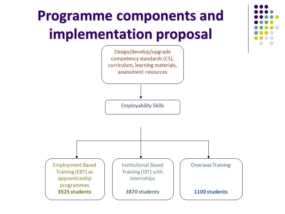Employability Skills Programme components and implementation proposal Design/develop/upgrade competency standards (CS), curriculum, learning materials, assessment resources Employment Based Training (EBT) as apprenticeship programmes 3525 students Institutional Based Training (IBT) with internships 3870 students Overseas Training 1100 students