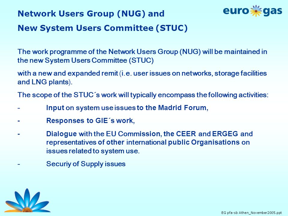 EG pfa-sb Athen_November2005.ppt The work programme of the Network Users Group (NUG) will be maintained in the new System Users Committee (STUC) with a new and expanded remit (i.e.