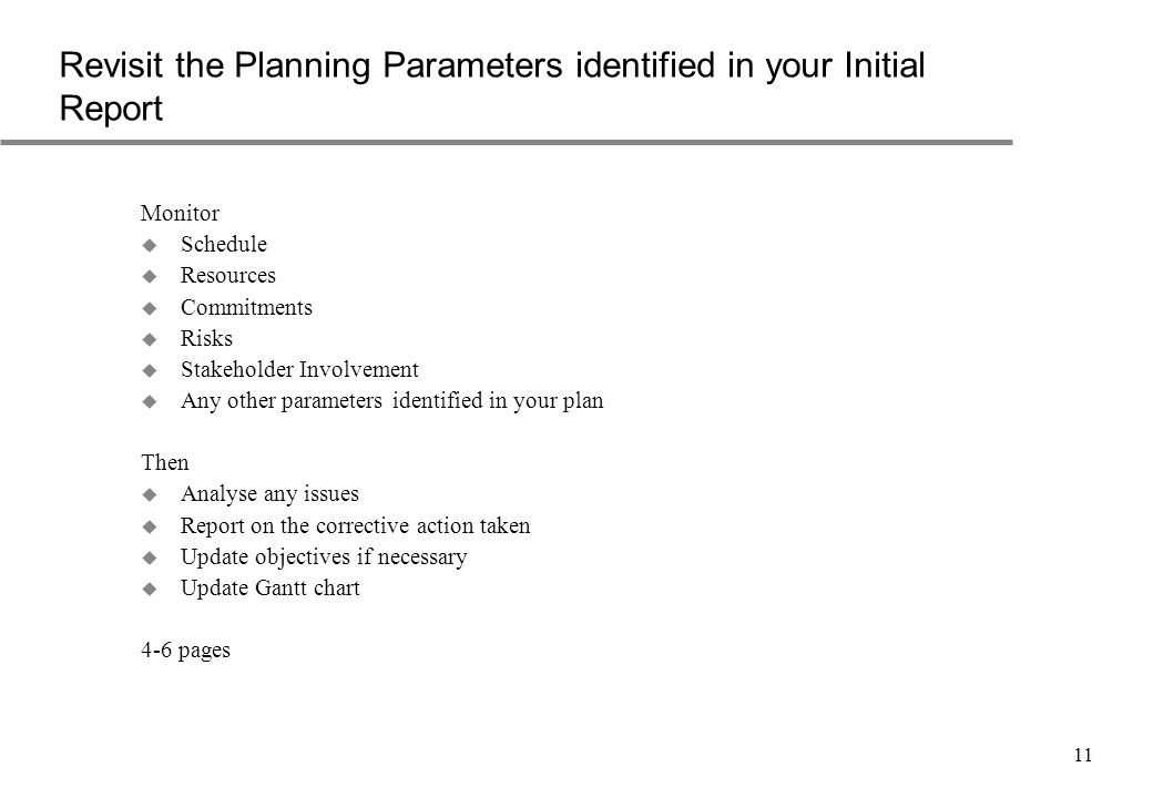 11 Revisit the Planning Parameters identified in your Initial Report Monitor u Schedule u Resources u Commitments u Risks u Stakeholder Involvement u Any other parameters identified in your plan Then u Analyse any issues u Report on the corrective action taken u Update objectives if necessary u Update Gantt chart 4-6 pages