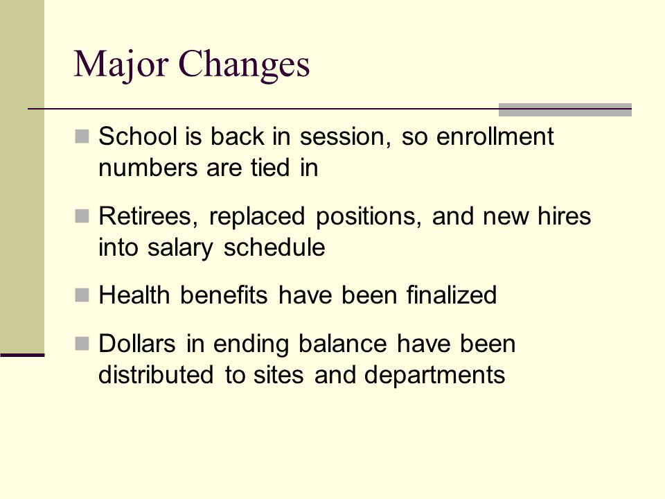 Major Changes School is back in session, so enrollment numbers are tied in Retirees, replaced positions, and new hires into salary schedule Health benefits have been finalized Dollars in ending balance have been distributed to sites and departments