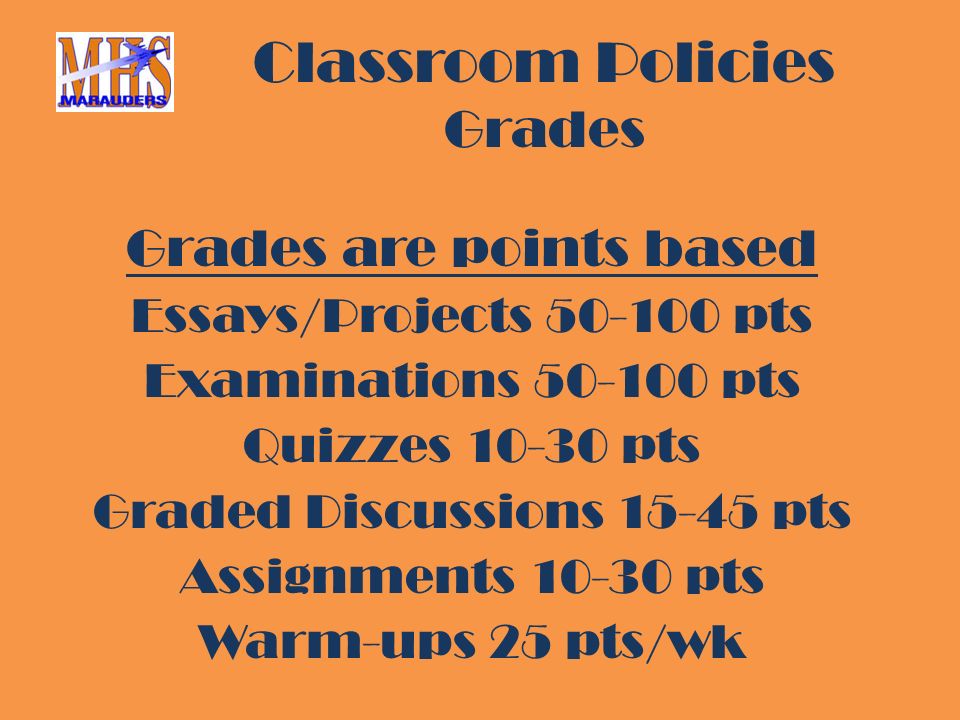 Classroom Policies Grades Grades are points based Essays/Projects pts Examinations pts Quizzes pts Graded Discussions pts Assignments pts Warm-ups 25 pts/wk