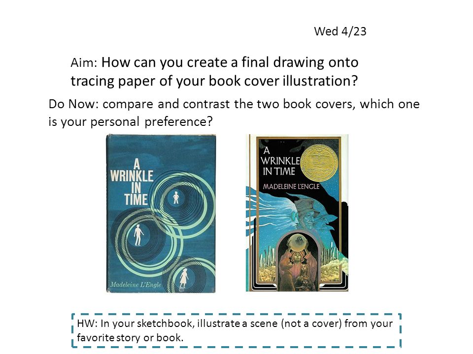 Wed 4/23 Aim: How can you create a final drawing onto tracing paper of your book cover illustration.