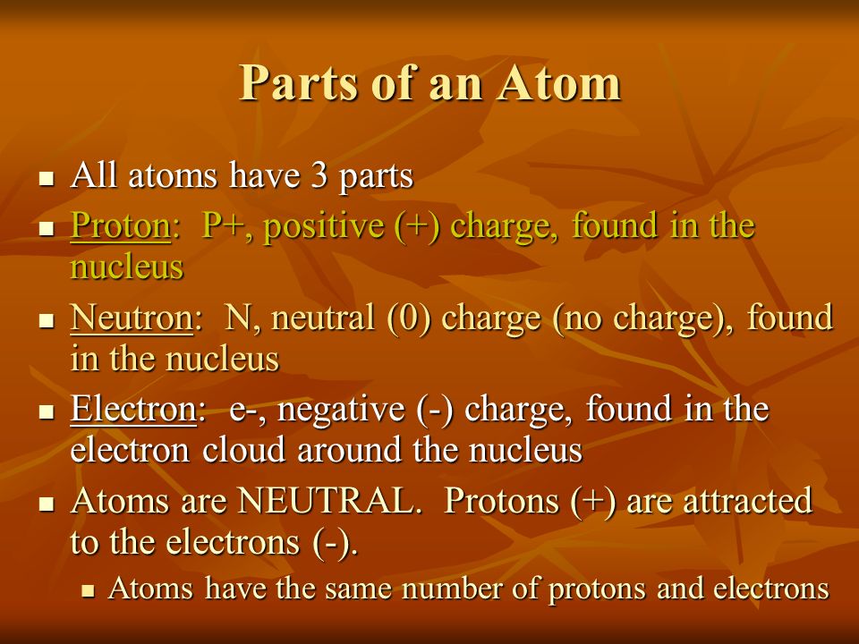 Parts of an Atom All atoms have 3 parts All atoms have 3 parts Proton: P+, positive (+) charge, found in the nucleus Proton: P+, positive (+) charge, found in the nucleus Neutron: N, neutral (0) charge (no charge), found in the nucleus Neutron: N, neutral (0) charge (no charge), found in the nucleus Electron: e-, negative (-) charge, found in the electron cloud around the nucleus Electron: e-, negative (-) charge, found in the electron cloud around the nucleus Atoms are NEUTRAL.