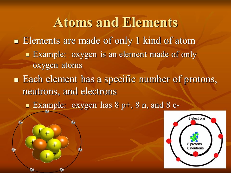 Atoms and Elements Elements are made of only 1 kind of atom Elements are made of only 1 kind of atom Example: oxygen is an element made of only oxygen atoms Example: oxygen is an element made of only oxygen atoms Each element has a specific number of protons, neutrons, and electrons Each element has a specific number of protons, neutrons, and electrons Example: oxygen has 8 p+, 8 n, and 8 e- Example: oxygen has 8 p+, 8 n, and 8 e-