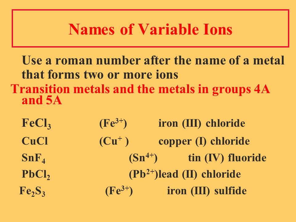 Names of Variable Ions Use a roman number after the name of a metal that forms two or more ions Transition metals and the metals in groups 4A and 5A FeCl 3 (Fe 3+ ) iron (III) chloride CuCl (Cu + ) copper (I) chloride SnF 4 (Sn 4+ ) tin (IV) fluoride PbCl 2 (Pb 2+ )lead (II) chloride Fe 2 S 3 (Fe 3+ ) iron (III) sulfide