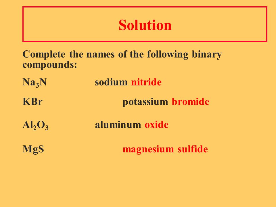 Solution Complete the names of the following binary compounds: Na 3 Nsodium nitride KBrpotassium bromide Al 2 O 3 aluminum oxide MgSmagnesium sulfide