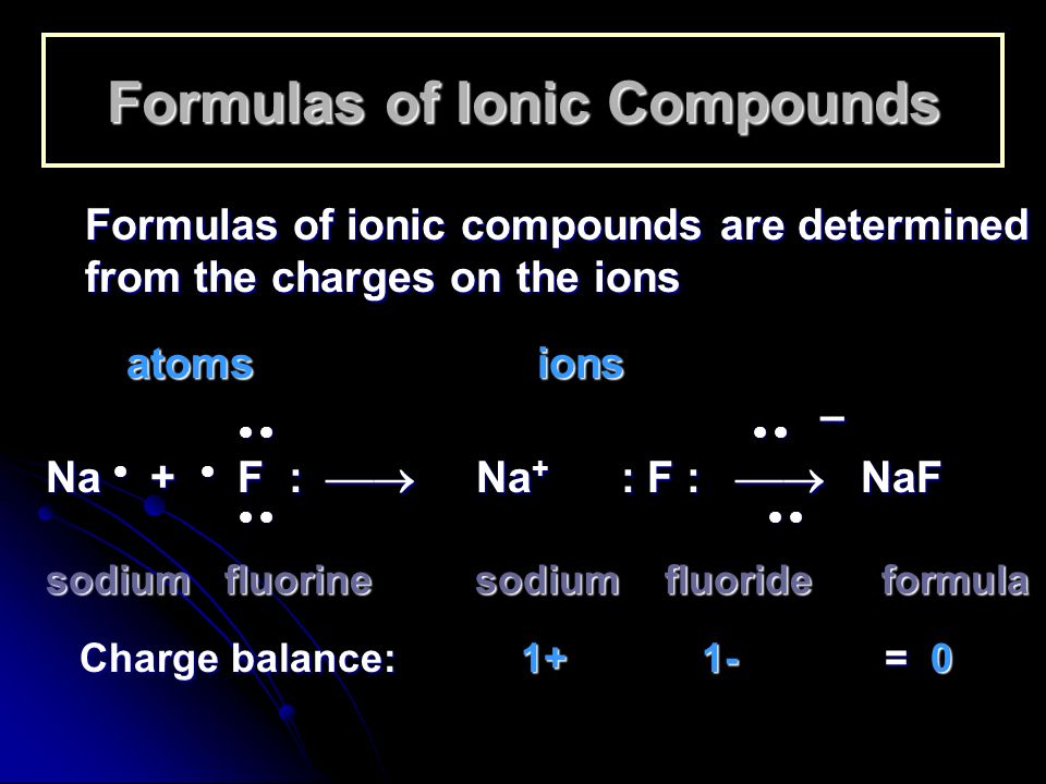 Formulas of Ionic Compounds Formulas of ionic compounds are determined from the charges on the ions atoms ions atoms ions     –     – Na  +  F :  Na + : F :  NaF         sodium fluorine sodium fluoride formula Charge balance: = 0 Charge balance: = 0