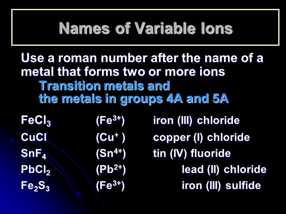 Names of Variable Ions Use a roman number after the name of a metal that forms two or more ions Transition metals and the metals in groups 4A and 5A FeCl 3 (Fe 3+ ) iron (III) chloride CuCl (Cu + ) copper (I) chloride SnF 4 (Sn 4+ ) tin (IV) fluoride PbCl 2 (Pb 2+ )lead (II) chloride Fe 2 S 3 (Fe 3+ )iron (III) sulfide Fe 2 S 3 (Fe 3+ )iron (III) sulfide