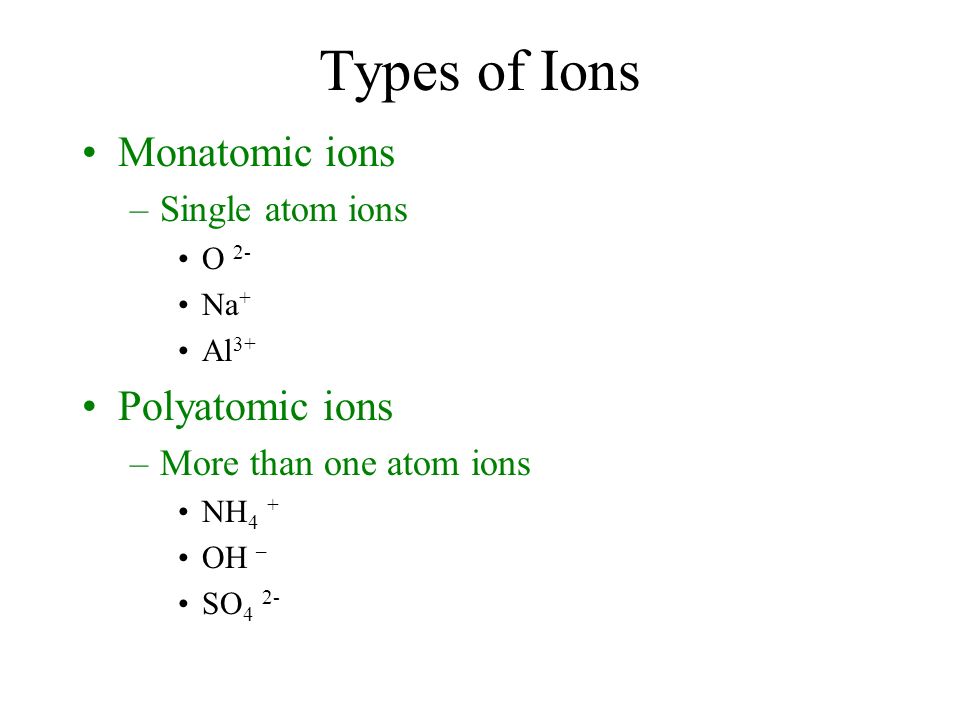 Types of Ions Monatomic ions –Single atom ions O 2- Na + Al 3+ Polyatomic ions –More than one atom ions NH 4 + OH – SO 4 2-