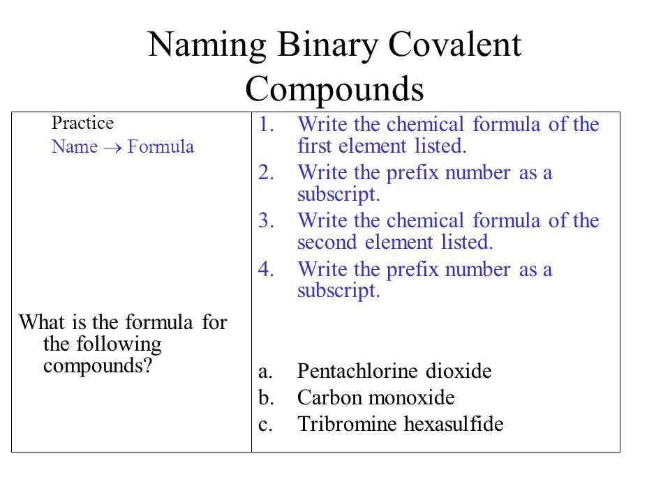 Naming Binary Covalent Compounds Practice Name  Formula What is the formula for the following compounds.