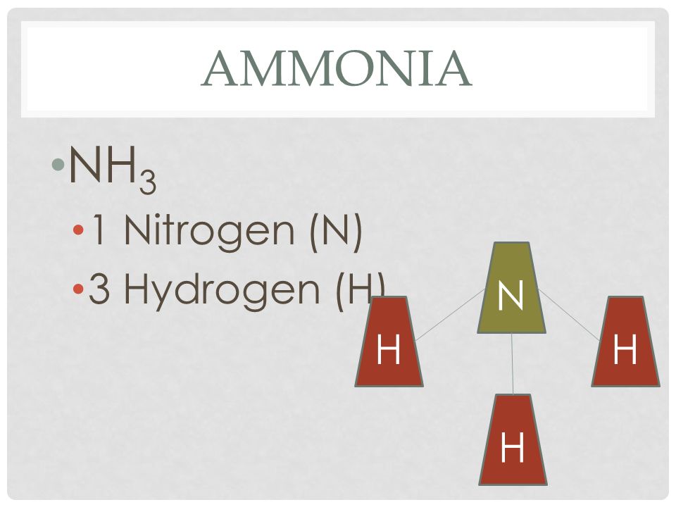 AMMONIA NH 3 1 Nitrogen (N) 3 Hydrogen (H) H H H N