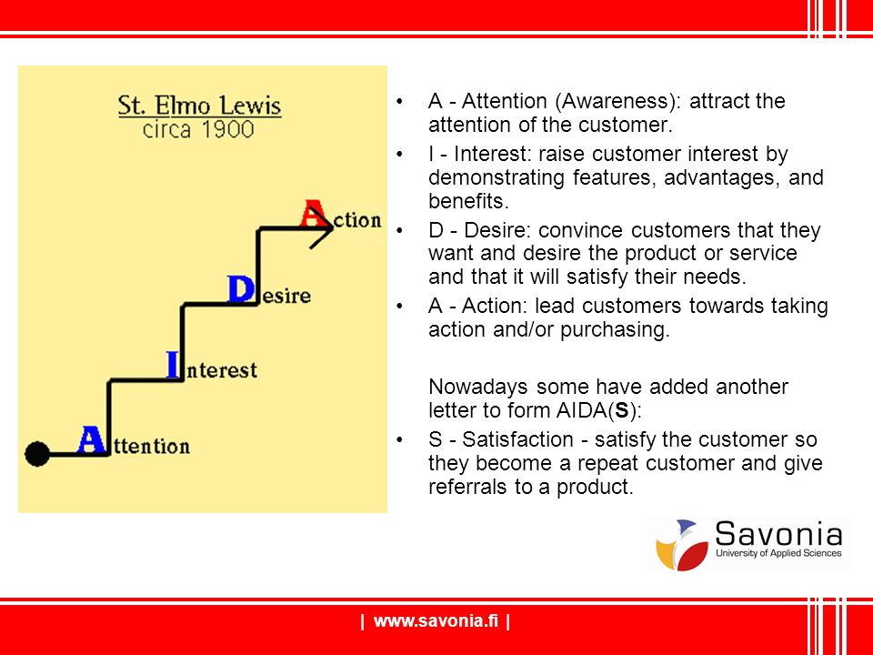|   | A - Attention (Awareness): attract the attention of the customer.