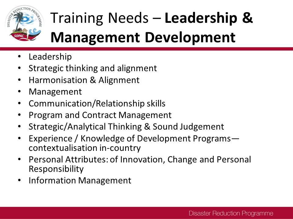 Training Needs – Leadership & Management Development Leadership Strategic thinking and alignment Harmonisation & Alignment Management Communication/Relationship skills Program and Contract Management Strategic/Analytical Thinking & Sound Judgement Experience / Knowledge of Development Programs— contextualisation in-country Personal Attributes: of Innovation, Change and Personal Responsibility Information Management
