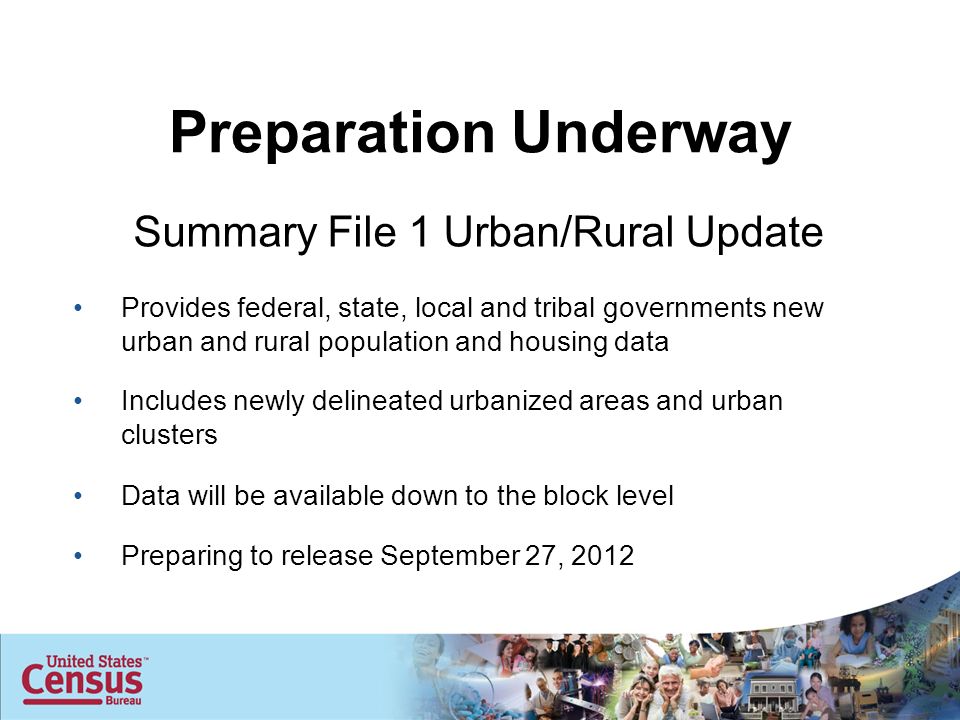 Summary File 1 Urban/Rural Update Provides federal, state, local and tribal governments new urban and rural population and housing data Includes newly delineated urbanized areas and urban clusters Data will be available down to the block level Preparing to release September 27, 2012