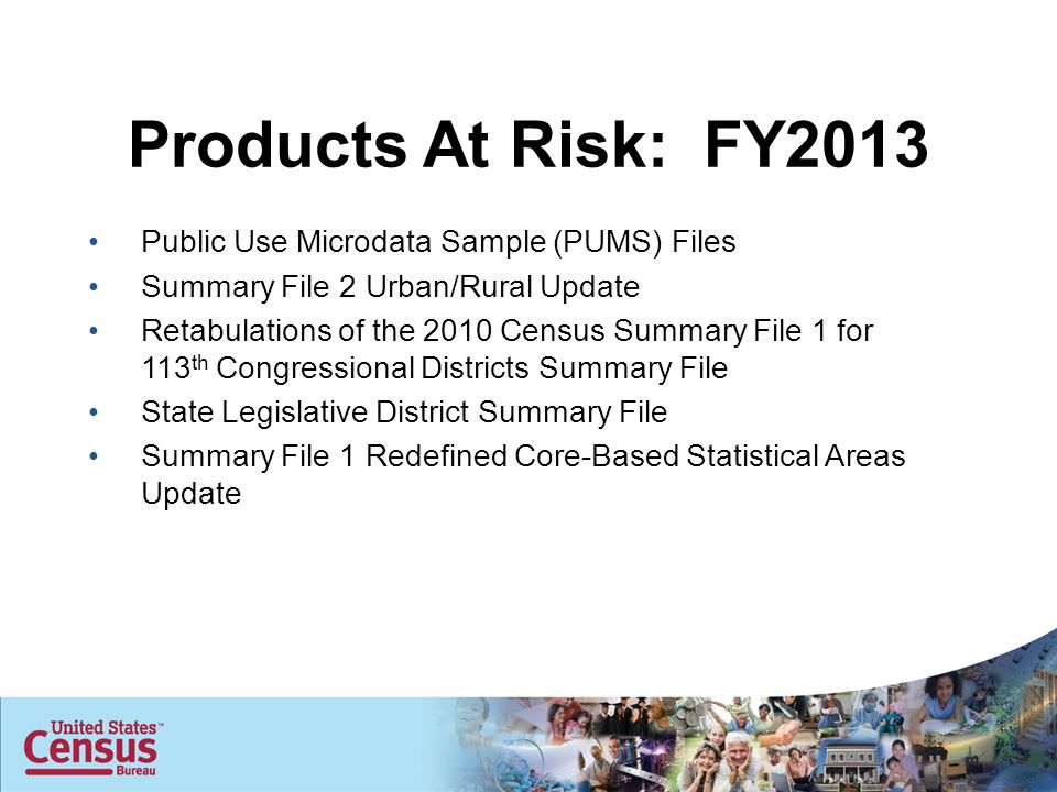 Public Use Microdata Sample (PUMS) Files Summary File 2 Urban/Rural Update Retabulations of the 2010 Census Summary File 1 for 113 th Congressional Districts Summary File State Legislative District Summary File Summary File 1 Redefined Core-Based Statistical Areas Update Products At Risk: FY2013