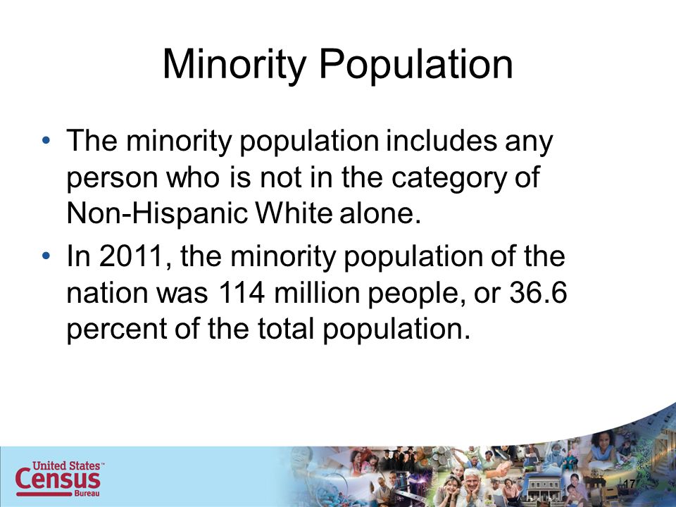 Minority Population The minority population includes any person who is not in the category of Non-Hispanic White alone.