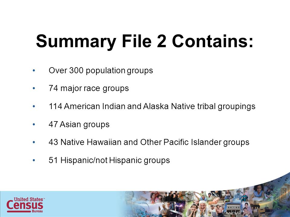 Over 300 population groups 74 major race groups 114 American Indian and Alaska Native tribal groupings 47 Asian groups 43 Native Hawaiian and Other Pacific Islander groups 51 Hispanic/not Hispanic groups Summary File 2 Contains: