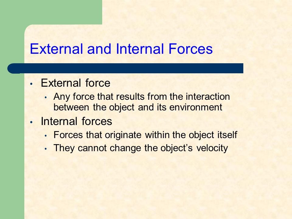 External and Internal Forces External force Any force that results from the interaction between the object and its environment Internal forces Forces that originate within the object itself They cannot change the object’s velocity