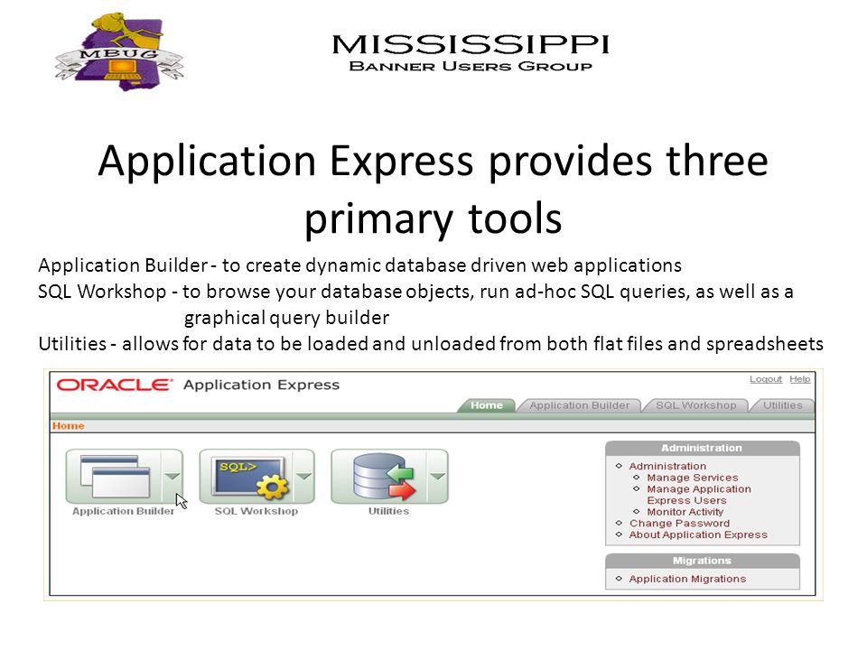 Application Express provides three primary tools Application Builder - to create dynamic database driven web applications SQL Workshop - to browse your database objects, run ad-hoc SQL queries, as well as a graphical query builder Utilities - allows for data to be loaded and unloaded from both flat files and spreadsheets