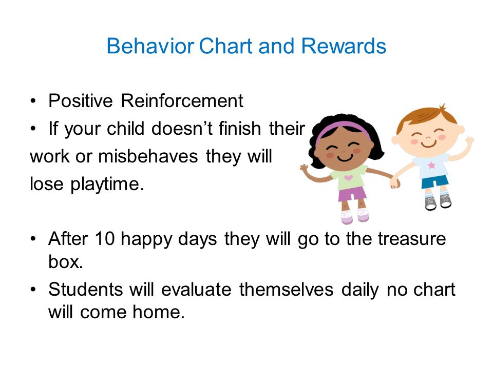 Behavior Chart and Rewards Positive Reinforcement If your child doesn’t finish their work or misbehaves they will lose playtime.