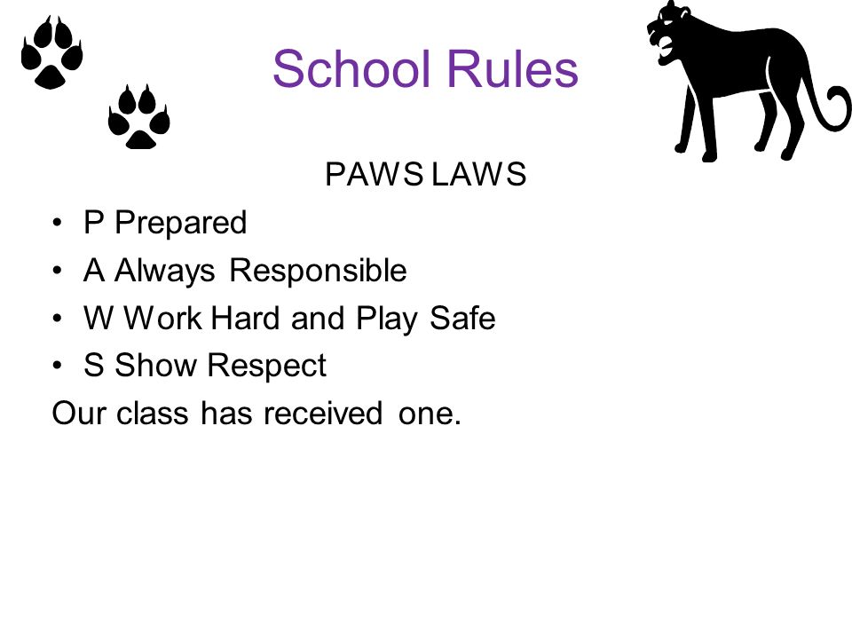 School Rules PAWS LAWS P Prepared A Always Responsible W Work Hard and Play Safe S Show Respect Our class has received one.