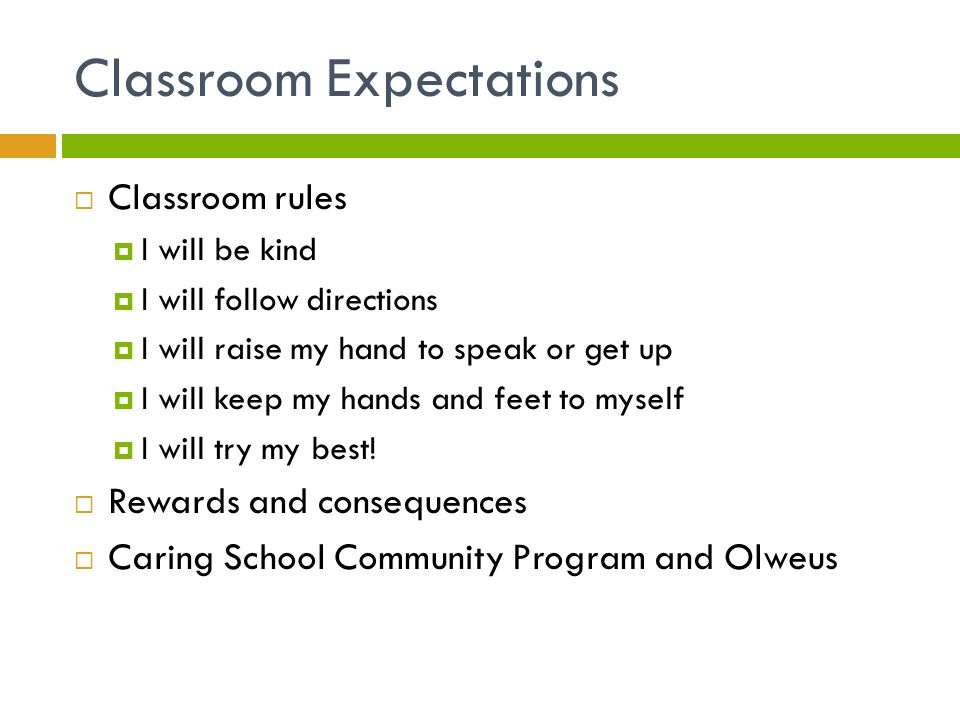 Classroom Expectations  Classroom rules  I will be kind  I will follow directions  I will raise my hand to speak or get up  I will keep my hands and feet to myself  I will try my best.