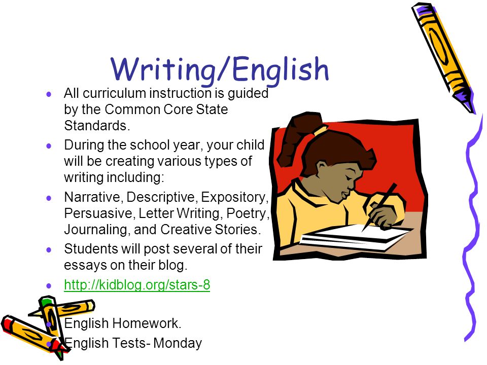 Writing/English  All curriculum instruction is guided by the Common Core State Standards.