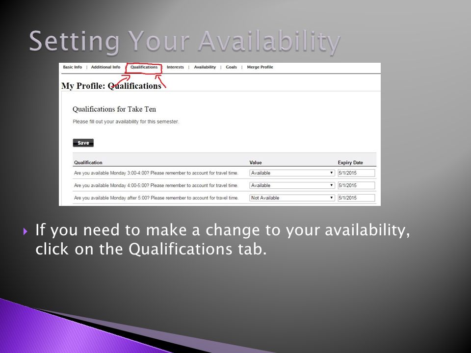  If you need to make a change to your availability, click on the Qualifications tab.