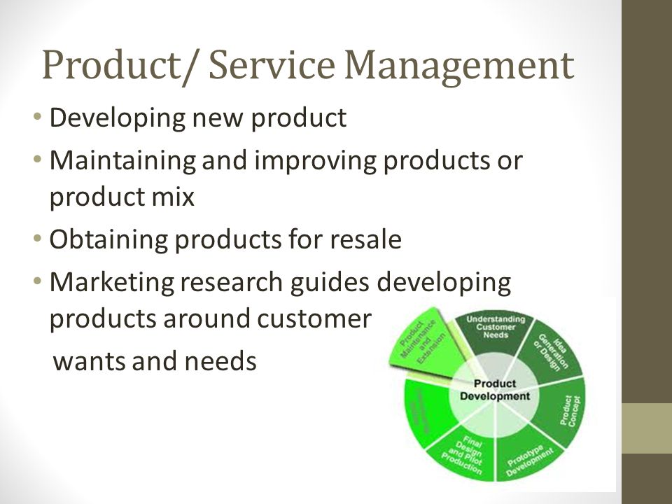 Product/ Service Management Developing new product Maintaining and improving products or product mix Obtaining products for resale Marketing research guides developing products around customer wants and needs