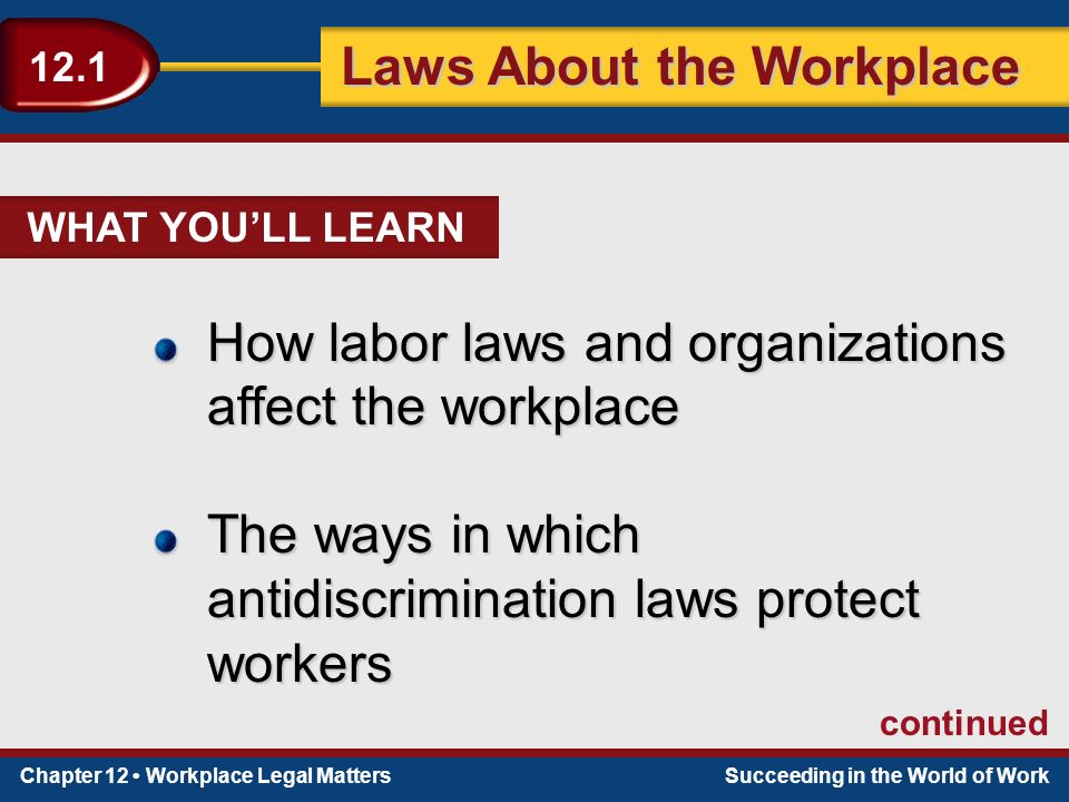 Chapter 12 Workplace Legal MattersSucceeding in the World of Work Laws About the Workplace 12.1 WHAT YOU’LL LEARN How labor laws and organizations affect the workplace The ways in which antidiscrimination laws protect workers continued