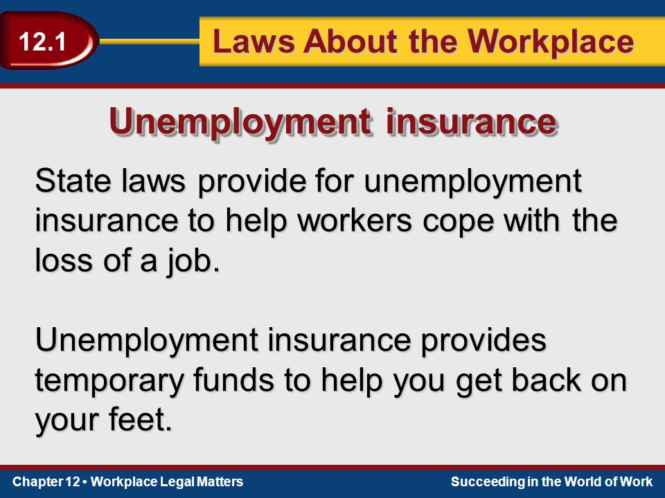 Chapter 12 Workplace Legal MattersSucceeding in the World of Work Laws About the Workplace 12.1 State laws provide for unemployment insurance to help workers cope with the loss of a job.